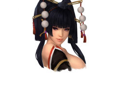 Rule 34 | 1girl, absurdres, bad id, bad pixiv id, bare shoulders, black hair, blunt bangs, breasts, dead or alive, dead or alive 5, hair ornament, hair stick, hat, highres, large breasts, long hair, looking at viewer, mole, mole under mouth, nyotengu, oinari risuru, purple eyes, sideboob, solo, tokin hat, tongue, tongue out, upper body, white background