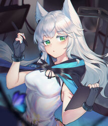 Rule 34 | 1girl, animal ears, arknights, bare shoulders, breasts, chinese commentary, drawing tablet, dress, fingerless gloves, gloves, green eyes, highres, holding, holding drawing tablet, holding stylus, jacket, little nine, long hair, looking at viewer, medium breasts, parted lips, rosmontis (arknights), solo, stylus, upper body, white dress, white hair