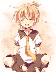 Rule 34 | 1boy, bad id, bad pixiv id, blonde hair, closed eyes, detached sleeves, highres, kagamine len, male focus, necktie, open mouth, ponytail, short hair, smile, solo, vocaloid, yellow necktie