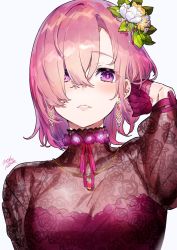 Rule 34 | 1girl, alternate costume, arm up, blush, breasts, cleavage, duplicate, earrings, fate/grand order, fate (series), floral print, flower, gloves, hair flower, hair ornament, hair over one eye, highres, jewelry, leaf, long sleeves, looking at viewer, mash kyrielight, medium breasts, mika pikazo, parted lips, pink hair, print shirt, purple eyes, purple flower, purple gloves, rose print, shirt, short hair, signature, simple background, smile, solo, upper body, white background, white flower, yellow flower