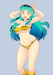 Rule 34 | 1girl, :d, animal print, bikini, breasts, commentary request, fang, green hair, grey background, highres, horns, index finger raised, long hair, looking at viewer, lum, medium breasts, navel, open mouth, print bikini, simple background, smile, solo, standing, swimsuit, tiger print, tof, urusei yatsura, yellow bikini, yellow eyes, yellow horns