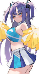 Rule 34 | 1girl, absurdres, alternate costume, ass, blue archive, blue eyes, blush, breasts, cheerleader, desukanure, halo, highres, holding, holding pom poms, large breasts, long hair, looking at viewer, midriff, millennium cheerleader outfit (blue archive), miniskirt, pleated skirt, pom pom (cheerleading), pom poms, purple hair, simple background, skirt, solo, two side up, very long hair, white background, yuuka (blue archive)