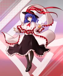 Rule 34 | 1girl, ascot, black footwear, black hat, black skirt, bow, capelet, closed mouth, commentary request, electricity, frilled shawl, frilled skirt, frills, full body, hat, hat bow, highres, kii (mahoraba), looking at viewer, multicolored background, nagae iku, purple hair, red ascot, red bow, red eyes, shawl, short hair, skirt, smile, solo, touhou, white capelet, white shawl