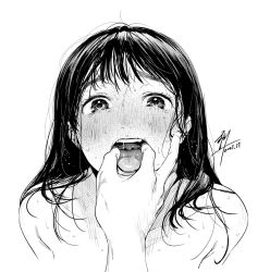 Rule 34 | 1girl, banned artist, blush, commentary request, dated, face, finger in another&#039;s mouth, greyscale, highres, kamiyama aya, long hair, looking at viewer, monochrome, nose blush, open mouth, original, pov, pov hands, signature, simple background, solo focus, sweat, teeth, upper teeth only, white background