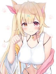 Rule 34 | 1girl, absurdres, ahoge, animal ears, bare shoulders, blonde hair, blunt bangs, blush, breasts, cat ears, cat girl, cleavage, closed mouth, collarbone, hair ornament, hair ribbon, hand up, heterochromia, highres, hoshikawa sara, hoshikawa sara (1st costume), large breasts, long hair, looking at viewer, midriff, navel, nijisanji, paw pose, paw print, red eyes, ribbon, side ponytail, simple background, smile, solo, virtual youtuber, white background, x hair ornament, yellow eyes, zky (oekaky)