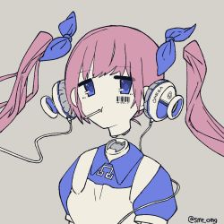 Rule 34 | 1girl, absurdres, barcode, blue eyes, blue ribbon, blue shirt, collared shirt, disembodied head, floating, floating hair, grey background, hair ribbon, headphones, highres, omega rio, omega sisters, pink hair, ribbon, shirt, short sleeves, simple background, smr omg, solo, twintails, twitter username, upper body, virtual youtuber