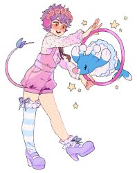 Rule 34 | 1girl, ankle socks, asymmetrical legwear, blue bow, blue socks, blue thighhighs, blush, bow, bowtie, brionne, brown bow, brown bowtie, closed eyes, commentary, commission, creatures (company), english commentary, fishnet pantyhose, fishnets, flower, flower hairband, frilled socks, frills, game freak, gen 7 pokemon, hairband, headphones, high heels, holding hoop, hoop, jumping, long sleeves, mismatched legwear, mouse tail, nintendo, overalls, pantyhose, pink flower, pink hairband, pink overalls, pink rose, pink shirt, pink tail, pokemon, pokemon (creature), polka dot, polka dot shirt, print shirt, purple footwear, purple hair, rii abrego, rose, seal (animal), shirt, short hair, simple background, smile, socks, solo, spiked hairband, spikes, standing, star (symbol), striped clothes, striped socks, striped thighhighs, tail, thighhighs, white background, yellow eyes