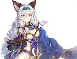 Rule 34 | 1girl, animal ear fluff, armor, blue cape, breasts, cape, cleavage, dress, floating hair, granblue fantasy, green hairband, hair between eyes, hair tubes, hairband, heles, long hair, looking at viewer, medium breasts, parted lips, shoulder armor, simple background, solo, soriya, standing, strapless, strapless dress, very long hair, white background, white hair, yellow eyes