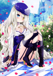Rule 34 | 1girl, arm support, bad id, bad pixiv id, beret, black footwear, black skirt, black thighhighs, blanket, blue eyes, blue hat, blush, boots, castle, checkered blanket, closed mouth, commentary request, cross-laced footwear, day, eyes visible through hair, floral print, frilled skirt, frills, full body, hand on own chest, hat, head tilt, heterochromia, high heel boots, high heels, knee boots, lace-up boots, long hair, looking at viewer, nanase nao, original, outdoors, petals, print headwear, rose print, shirt, sitting, skirt, solo, thighhighs, torn clothes, torn shirt, torn thighhighs, very long hair, white shirt, yellow eyes