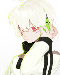 Rule 34 | 1boy, adjusting headphones, black shirt, expressionless, facial mark, green nails, hair between eyes, headphones, highres, jacket, kagerou project, konoha (kagerou project), long sleeves, looking at viewer, male focus, portrait, red eyes, shirt, short hair, short ponytail, simple background, solo, white background, white hair, white jacket, yuusuke (yyy xp)