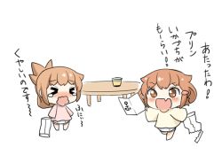Rule 34 | &gt; &lt;, 10s, 2girls, :d, alternate costume, black hair, brown eyes, brown hair, commentary request, diaper, closed eyes, fang, folded ponytail, food, gale kawaii, hair ornament, hairclip, ikazuchi (kancolle), inazuma (kancolle), kantai collection, long hair, long sleeves, multiple girls, open mouth, ponytail, pudding, short hair, skin fang, smile, table, tears, translation request, wavy mouth, aged down