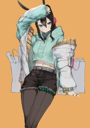 Rule 34 | 1girl, :o, absurdres, aged up, alternate costume, amiya (arknights), animal ears, arknights, arm up, belt, belt buckle, black hair, black pantyhose, black shorts, blush, breasts, buckle, casual, coat, cutoffs, drawstring, feet out of frame, front-seamed legwear, green eyes, highres, jewelry, kajuu, long hair, long sleeves, looking at viewer, medium breasts, midriff peek, multiple rings, navel, open clothes, open coat, open mouth, orange background, pantyhose, pantyhose under shorts, ponytail, rabbit ears, ring, seamed legwear, shopping, short shorts, shorts, simple background, sleeves past wrists, solo, standing, thigh gap, thighlet, white coat