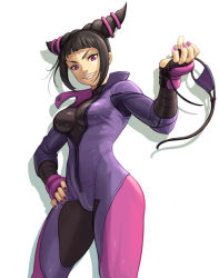 Rule 34 | 1girl, biker clothes, bikesuit, black hair, bodysuit, breasts, capcom, cowboy shot, drill hair, eyepatch, unworn eyepatch, fingerless gloves, gloves, grin, han juri, hand on own hip, head tilt, medium breasts, nail polish, noppo (tarstation), popped collar, purple eyes, purple nails, short twintails, simple background, skin tight, smile, solo, spiked hair, standing, street fighter, street fighter v, twin drills, twintails, v-shaped eyebrows, white background, zipper