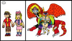 2girls ancientgreymon ancientirismon digimon digimon_(creature) digimon_frontier kanbara_takuya multiple_girls orimoto_izumi