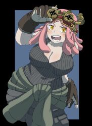 Rule 34 | 1girl, adjusting eyewear, arutarufu, black shirt, blush, boku no hero academia, breasts, cleavage, clothes around waist, crosshair pupils, gloves, goggles, goggles on head, hand up, hatsume mei, highres, jacket, jacket around waist, large breasts, open mouth, pink hair, shirt, simple background, solo, standing, yellow eyes
