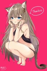 Rule 34 | 1girl, absurdres, akino ell, animal ears, bare shoulders, barefoot, bikini, black bikini, blue eyes, bracelet, breasts, brown hair, cat ears, cat girl, cat tail, feet, hair ornament, hairclip, hands on own cheeks, hands on own face, hands up, highres, jewelry, long hair, looking at viewer, medium breasts, navel, notice lines, original, pink background, simple background, solo, squatting, swimsuit, tail, thank you, thighs, tongue, tongue out, very long hair