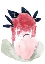 Rule 34 | 1girl, absurdres, animal ears, back, back focus, bare back, bare shoulders, black choker, black ribbon, braid, cat ears, choker, commentary request, from behind, hair ribbon, highres, ikurauni, kaenbyou rin, long hair, off shoulder, pointy ears, red hair, ribbon, sidelocks, simple background, solo, touhou, twin braids, twintails, upper body, white background