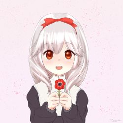 Rule 34 | 1girl, anna (sennen sensou aigis), artist name, bad id, bad pixiv id, bow, flower, hair bow, holding, holding flower, looking at viewer, open mouth, red bow, red eyes, sennen sensou aigis, solo, ten (tentojidon), white hair, aged down