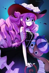 Rule 34 | 1girl, artist request, black dress, breasts, dress, ears, gradient background, hat, highres, large breasts, long hair, one piece, perona, pink hair, simple background, solo, stuffed animal, stuffed toy, very long hair, white background