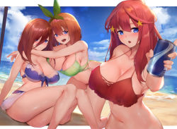 Rule 34 | 3girls, :d, :o, armpits, asymmetrical docking, bare arms, bare legs, bare shoulders, beach, bent over, bikini, blue bikini, blue eyes, blue sky, blush, breast press, breasts, brown hair, can, cleavage, collarbone, day, drink can, feet out of frame, go-toubun no hanayome, green bikini, green ribbon, hair between eyes, hair ornament, hair over one eye, hair ribbon, highres, holding, holding can, kneeling, large breasts, long hair, looking at viewer, multiple girls, nakano itsuki, nakano miku, nakano yotsuba, navel, ocean, open mouth, orange hair, outdoors, red bikini, red hair, ribbon, short hair, siblings, sisters, sitting, sky, smile, soda can, star (symbol), star hair ornament, stomach, swimsuit, thighs, viral1112, water