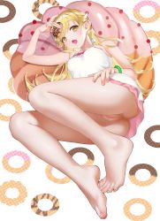 Rule 34 | 1girl, absurdres, ass, bare arms, bare legs, bare shoulders, blonde hair, blush, blush stickers, breasts, cleft of venus, clitoris, collarbone, commentary, covered erect nipples, doughnut, dress, eyelashes, fang, feet, fingernails, food, golden chocolate, highres, holding, holding food, long hair, looking at viewer, lying, monogatari (series), mugika, nail polish, nisemonogatari, nude filter, old-fashioned doughnut, on back, open mouth, oshino shinobu, panties, pasties, pink nails, pointy ears, pon de ring, pussy, sidelocks, smile, solo, sundress, third-party edit, toenail polish, toenails, toes, tongue, underwear, very long hair, white dress, white panties, yellow eyes