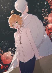 Rule 34 | 1boy, 1girl, ahoge, back-to-back, bad id, bad twitter id, black pants, bow, bowtie, braid, cape, cloak, commentary, copyright name, emma (yakusoku no neverland), flower, green eyes, hair between eyes, hair ornament, hair ribbon, jewelry, long sleeves, looking at viewer, medallion, neck tattoo, norman (yakusoku no neverland), number tattoo, open mouth, orange hair, pants, pendant, purplewis, red flower, ribbon, shirt, short hair, simple background, smile, standing, tattoo, upper body, white cloak, white hair, white neckwear, white shirt, yakusoku no neverland