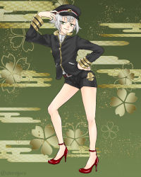 Rule 34 | 10s, 1boy, bad id, bad pixiv id, belt, black shorts, commentary request, green eyes, hand on own hip, hat, high heels, hotarumaru, male focus, otanagare, partial commentary, red footwear, shoes, short shorts, shorts, silver hair, touken ranbu