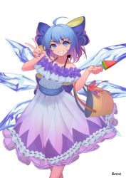 Rule 34 | 1girl, :d, ahoge, alternate costume, arm up, bare shoulders, basket, blue eyes, blue hair, blue nails, bow, bra strap, cirno, collarbone, commission, detached wings, dress, feet out of frame, fingernails, flower, flower trim, food, frilled dress, frills, grin, hair bow, highres, holding, holding food, ice, ice wings, large bow, long fingernails, multicolored hair, nail polish, off-shoulder dress, off shoulder, open mouth, popsicle, purple bow, purple dress, purple flower, purple hair, recare, red ribbon, ribbon, short hair, simple background, smile, solo, standing, teeth, touhou, two-tone hair, v, watermelon bar, white background, wings