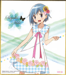 Rule 34 | 1girl, 2016, :d, alternate costume, aniplex, artist request, bare arms, bare legs, bare shoulders, blue eyes, blue hair, blue theme, blush, bug, butterfly, character name, collarbone, collared dress, copyright name, dot nose, dress, floral print, flower, gradient background, hair flower, hair ornament, hand up, highres, insect, legs apart, looking at viewer, mahou shoujo madoka magica, mahou shoujo madoka magica (anime), miki sayaka, official art, open mouth, pink flower, pink ribbon, pink rose, plaid, plaid dress, polka dot, polka dot background, red flower, red rose, ribbon, rose, short dress, short hair, skirt hold, sleeveless, sleeveless dress, smile, solo, standing, sunflower, upper body, yellow flower