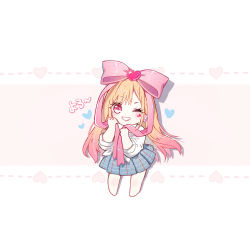 Rule 34 | 1girl, blonde hair, blue skirt, bow, chibi, danby merong, front-tie top, gradient hair, grin, hair bow, hair ornament, hands up, heart, heart hair ornament, kitagawa marin, long hair, long sleeves, multicolored hair, one eye closed, pink background, pink bow, pink hair, pleated skirt, red eyes, school uniform, shirt, skirt, smile, solo, sono bisque doll wa koi wo suru, standing, two-tone background, very long hair, white background, white shirt