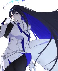 Rule 34 | 1girl, belt, black hair, black pantyhose, blue archive, blue eyes, blue necktie, blue skirt, breasts, clipboard, collared shirt, colored inner hair, cowboy shot, expressionless, glasses, gloves, halo, highres, holding, holding clipboard, holster, jacket, karasuri, long hair, long sleeves, looking at viewer, multicolored hair, necktie, open clothes, open jacket, pantyhose, pencil skirt, pointy ears, rimless eyewear, rin (blue archive), shirt, simple background, skirt, solo, two-tone skirt, very long hair, white background, white belt, white gloves, white jacket, white skirt, wind
