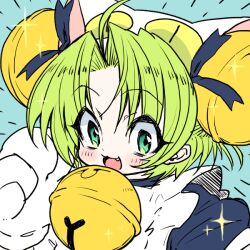 Rule 34 | 1girl, ahoge, animal hands, animal hat, bell, blue background, blush, cat hat, commentary request, dejiko, di gi charat, fang, gedougawa, gloves, green eyes, green hair, hair between eyes, hat, jingle bell, looking at viewer, medium bangs, neck bell, open mouth, parted bangs, paw gloves, short hair, smile, solo, sparkle, upper body, white gloves