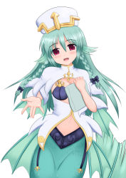 Rule 34 | 1girl, aqua hair, blush, braid, breasts, center opening, cleavage, cleavage cutout, clothing cutout, fins, hair flaps, hat, head fins, large breasts, long hair, looking at viewer, mermaid, monster girl, monster girl encyclopedia, navel, open mouth, red eyes, rethnick, scales, sea bishop, side braid, smile, solo, stone tablet, twin braids