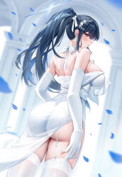 Rule 34 | 1girl, absurdres, ass, black hair, blue archive, blue eyes, blue hair, blue halo, breasts, choker, colored inner hair, dress, elbow gloves, gloves, halo, highres, large breasts, long hair, looking at viewer, multicolored hair, official alternate costume, saori (blue archive), saori (dress) (blue archive), solo, stardust (chen&#039;ai weiding), strapless, strapless dress, white choker, white dress, white gloves
