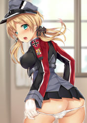 Rule 34 | 10s, 1girl, anchor hair ornament, aqua eyes, ass, blush, breasts, butt crack, cowboy shot, from behind, gloves, hair ornament, hat, kantai collection, long hair, looking at viewer, low twintails, microskirt, naha78, open mouth, panties, panty pull, peaked cap, prinz eugen (kancolle), skirt, solo, twintails, underwear, white gloves, white panties