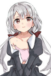 Rule 34 | 1girl, blush, braid, braided bangs, brown eyes, camisole, collarbone, collared shirt, commentary request, grey hair, hair ribbon, hei (tonarinohey), hisakawa nagi, idolmaster, idolmaster cinderella girls, jacket, juliet sleeves, long hair, long sleeves, looking at viewer, low twintails, off shoulder, open clothes, open jacket, open shirt, parted lips, puffy sleeves, ribbon, shirt, simple background, solo, strap slip, sweat, twintails, upper body, wavy mouth, white background