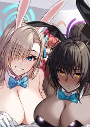 Rule 34 | 3girls, absurdres, animal ears, asuna (blue archive), asuna (bunny) (blue archive), bare shoulders, black hair, black leotard, blue archive, blue bow, blue bowtie, blue eyes, bow, bowtie, breast envy, breasts, cleavage, closed mouth, commentary request, dark-skinned female, dark skin, detached collar, fake animal ears, gloves, hair over one eye, halo, highres, karin (blue archive), karin (bunny) (blue archive), large breasts, leotard, looking at viewer, mole, mole on breast, multiple girls, neru (blue archive), neru (bunny) (blue archive), official alternate costume, playboy bunny, rabbit ears, red eyes, red hair, red leotard, rumeha (aormsj22), smile, white gloves, yellow eyes