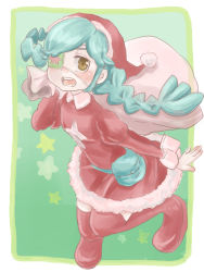 Rule 34 | 1girl, adapted uniform, alternate costume, annie (skullgirls), annie of the stars, belt, boots, braid, christmas, eyepatch, female focus, green hair, hat, open mouth, pouch, red thighhighs, sack, santa costume, santa hat, skullgirls, solo, thigh boots, thighhighs, twin braids, yellow eyes