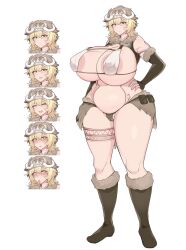 Rule 34 | 1girl, ahegao, areola slip, blonde hair, blush, boots, breasts, character sheet, covered erect nipples, curvy, detached sleeves, fur boots, gigantic breasts, hand on own hip, highres, huge areolae, huge breasts, jewelry, looking at viewer, navel, necklace, patimon, plump, red eyes, shiny skin, short hair, standing, tattoo, thick thighs, thighs, thong, tongue, tongue out, white background, wide hips
