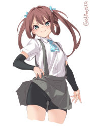 Rule 34 | 1girl, arm warmers, asagumo (kancolle), ascot, bike shorts, black shorts, blue ascot, blush, brown hair, buttons, cropped legs, ebifurya, grey eyes, grey skirt, hair between eyes, highres, kantai collection, long hair, one-hour drawing challenge, pleated skirt, shirt, short sleeves, shorts, shorts under skirt, simple background, skirt, smile, solo, suspender skirt, suspenders, twintails, twitter username, white background, white shirt