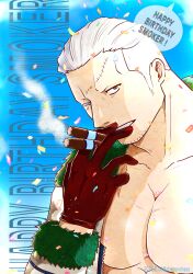 Rule 34 | 1boy, absurdres, bara, birthday, cigar, eyelashes, facial hair, gloves, goatee, highres, large pectorals, long sideburns, looking at viewer, male focus, mature male, muscular, muscular male, ohesonoheso, one piece, pectoral cleavage, pectorals, short hair, sideburns, smoker (one piece), smoking, solo, stubble, upper body