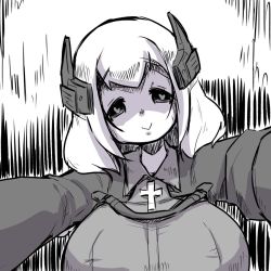 Rule 34 | 1girl, :&gt;, azur lane, bad id, bad pixiv id, breasts, closed mouth, collared jacket, greyscale, half-closed eyes, head tilt, headgear, heart, heart-shaped pupils, jacket, large breasts, long sleeves, looking at viewer, monochrome, outstretched arms, roon (azur lane), smile, solo, symbol-shaped pupils, u-non (annon&#039;an)