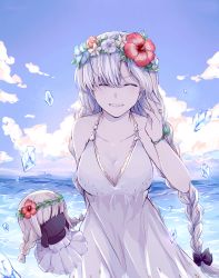 Rule 34 | 1girl, anastasia (fate), anastasia (swimsuit archer) (fate), anastasia (swimsuit archer) (second ascension) (fate), bare shoulders, beach, blue sky, blush, bow, braid, breasts, cleavage, closed eyes, collarbone, day, doll, dress, dress swimsuit, fate/grand order, fate (series), flower wreath, hair bow, hair over one eye, head wreath, highres, ice, large breasts, long hair, ocean, revision, shore, silver hair, sky, sodamachi, twin braids, very long hair, viy (fate), white dress