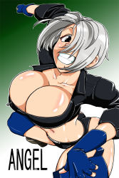Rule 34 | 1girl, ahoge, angel (kof), breasts, cleavage, cropped jacket, fingerless gloves, gloves, grin, huge breasts, jacket, midriff, open clothes, open shirt, shirt, smile, snk, solo, sorahachi midoro, the king of fighters, white hair
