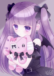 Rule 34 | 1girl, bandages, bandaid, belt, belt buckle, black belt, black bow, black shirt, black skirt, black wings, blunt bangs, bow, buckle, commentary request, cross, cross earrings, demon wings, earrings, eyepatch, hair bow, highres, himetsuki luna, jewelry, latin cross, long hair, hugging object, original, pleated skirt, purple eyes, purple hair, shirt, signature, skirt, sleeveless, sleeveless shirt, solo, stuffed animal, stuffed rabbit, stuffed toy, tears, twitter username, two side up, very long hair, wings
