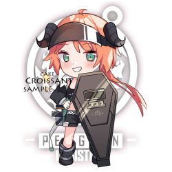 Rule 34 | 1girl, arknights, ballistic shield, black footwear, black jacket, black shorts, blush, boots, cake (isiofb), character name, chibi, croissant (arknights), curled horns, full body, gloves, green eyes, grin, hand on own hip, horns, jacket, long hair, long sleeves, looking at viewer, open clothes, open jacket, orange hair, riot shield, sample watermark, shield, short shorts, shorts, sidelocks, smile, solo, sparkle, visor, watermark, white gloves