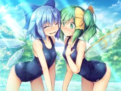 Rule 34 | 2girls, ^ ^, ass, bare arms, bare shoulders, blue bow, blue hair, blue one-piece swimsuit, blue sky, blush, bow, breasts, chima q, cirno, closed eyes, cloud, collarbone, commentary request, covered erect nipples, cowboy shot, daiyousei, day, facing another, fairy wings, green eyes, green hair, hair between eyes, hair bow, hand on own chest, highres, ice, ice wings, leaning forward, light rays, multiple girls, nose blush, one-piece swimsuit, open mouth, outdoors, short hair, side ponytail, skindentation, sky, small breasts, smile, standing, sweat, swimsuit, thighs, touhou, tree, v arms, wings, yellow bow