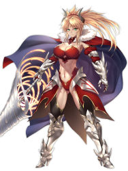 Rule 34 | 1girl, age progression, aged up, alternate breast size, armor, blonde hair, breasts, cape, cleavage, closed mouth, collarbone, commentary request, fate/grand order, fate (series), full body, green eyes, highres, horns, large breasts, leotard, long hair, looking at viewer, mordred (fate), mordred (fate/apocrypha), nasaniliu, pauldrons, ponytail, shoulder armor, simple background, sword, toned, weapon, white background
