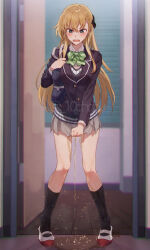 Rule 34 | 1girl, black jacket, black socks, blazer, blonde hair, blue eyes, blush, bow, bowtie, breasts, collared shirt, commentary request, commission, full body, gamers!, green bow, green bowtie, grey skirt, imoden, indoors, jacket, kneehighs, large breasts, legs apart, long hair, miniskirt, open mouth, pee, peeing, peeing self, pleated skirt, puddle, shirt, shoes, skeb commission, skirt, socks, solo, standing, tendou karen, watermark, white shirt