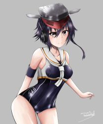 Rule 34 | 10s, 1girl, 2017, asymmetrical hair, bad id, bad pixiv id, black hair, brown eyes, character name, cowboy shot, dated, framed breasts, grey background, hair between eyes, hal nakura, hat, headphones, highres, i-13 (kancolle), kantai collection, leaning forward, looking at viewer, sailor collar, school swimsuit, short hair, signature, simple background, smile, solo, swimsuit